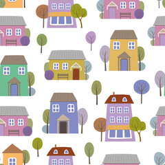 Seamless vector pattern with houses and trees on a white background. Colorful houses on the street.
