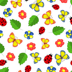 Vector seamless pattern with summer insects and flowers