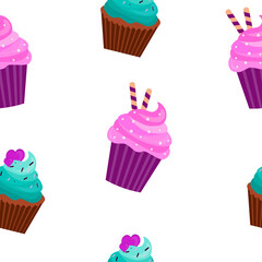 seamless pattern with food sweet muffins  with cream on a white background