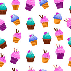 seamless pattern with  dessrt food multi-colored sweet muffins with cream and hearts