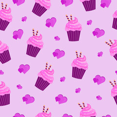 seamless pattern with food sweet muffins  cupcake with cream on a pink background