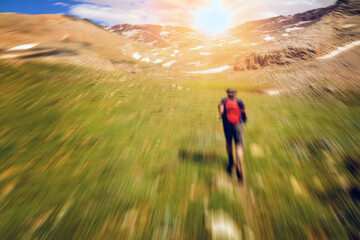 Legs of the men running on the trail with rocky mountain on the background