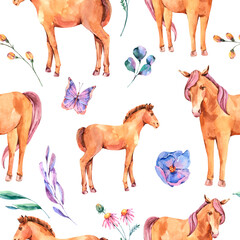 Watercolor summer seamless pattern of red horse and flowers © Belus