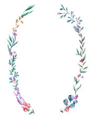 Watercolor summer wreath of wildflowers isolated on white background.