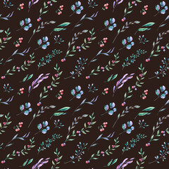 Watercolor summer flowers seamless pattern on black background. Natural vintage floral texture.