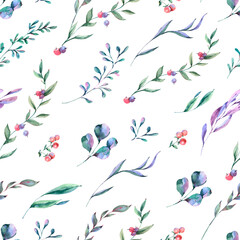 Watercolor summer flowers seamless pattern on white background. Natural vintage floral texture.