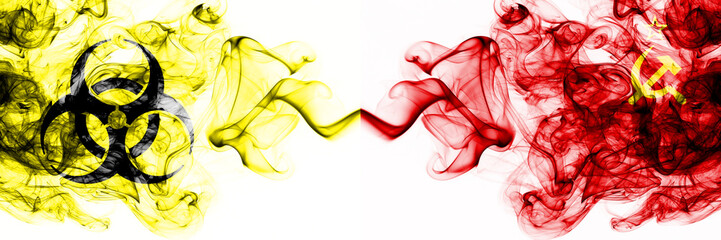 USSR, Communist Quarantine. Coronavirus COVID-19 lockdown. Smoky mystic flag of USSR, Communist with biohazard symbol placed side by side.