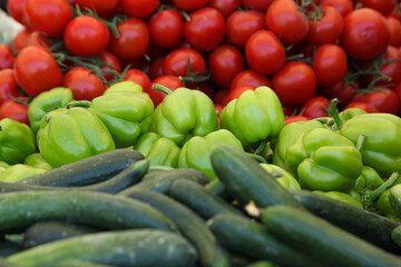 Tomatoes, green peppers and cucumbers in the grocery