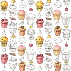 Seamless pattern with muffins drawn with watercolor and brown pen. Contemporary design for menu, mat and rug, craft paper for takeaway food. Delicious desserts illustration, fine and detailed artwork.