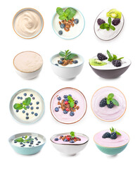 Bowls with different tasty yogurts on white background