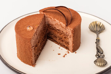 chocolate velvet cake on a plate. delicious dessert for tea