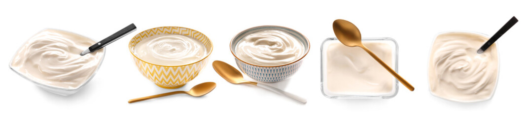 Bowls with tasty yogurt on white background