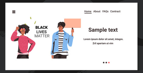 african american couple holding blank cardboard banner black lives matter campaign against racial discrimination of dark skin color social problems of racism portrait horizontal copy space vector