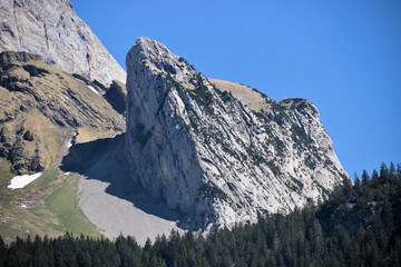Gebirgslandschaft in Wildhaus in der Schweiz bei strahlend blauem Himmel 7.5.2020