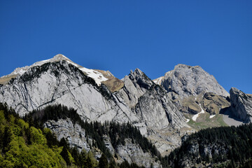 Gebirgslandschaft in Wildhaus in der Schweiz bei strahlend blauem Himmel 7.5.2020