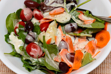Healthy Lettuce Leaves and Vegetables with Dressing Salad Meal