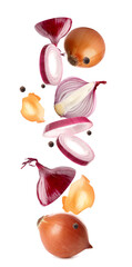 Fresh flying onions on white background