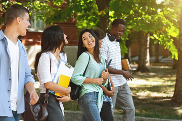 Joyful College Friends Walking Outdoors After Classes And Chatting
