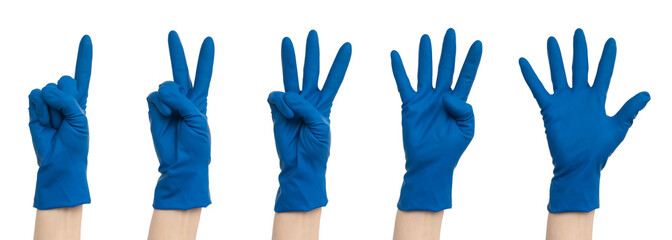 Signs made with hands in blue medical gloves. Fingers and symbols one two three four five. Isolated on white background. Healthcare workers, vitamins, vaccination concept, medical store, pharmacy