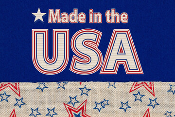 Make in the USA type message on blue fabric