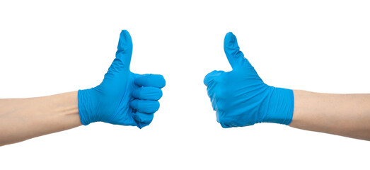 Doctor hands in blue medical gloves showing like gesture or thumb up. Approval, accept or done concept. Isolated on white background. Thanks to medical workers concept