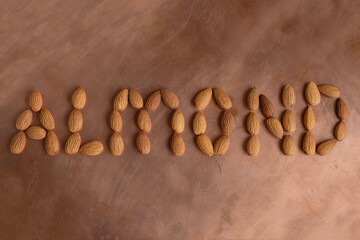 Word almond written with nuts. Metal copper surface. Monochrome highlights. 
