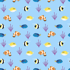 Fototapeta na wymiar Vector seamless pattern of cute tropical fish.
