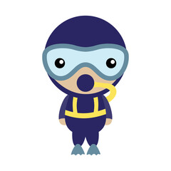 Vector illustration of a deep sea diver. Simple, flat, kawaii style.