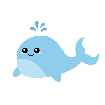 Vector illustration of a whale with a cute face. Simple, flat, kawaii style.