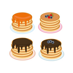 pancakes with maple syrup, honey, chocolate, blueberries and strawberries on a plate in vector flat style. set of elements for design, food, american dessert