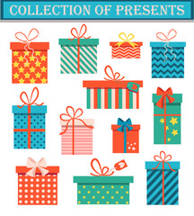 Collection of different presents for holiday on white background