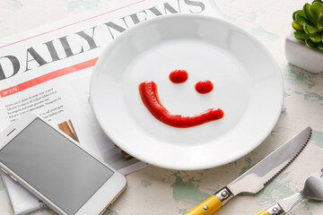 Happy face made of sauce on plate, cutlery, mobile phone and newspaper on white background