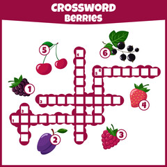 Crossword with berries. Fresh berries. Vector education game for children. Mini-game for children. Crossword for kids.
