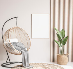 Rattan swing with green plant and rattan basket on wooden interior background, frame mockup