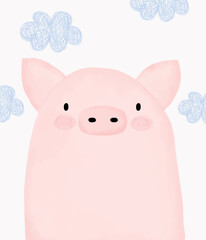 Sweet Little Pig. Lovely Vector Illustration with Pink Piggy Isolated on a White Background. Farm Animal. Cute Baby Pig and Blue Fluffy Sketched Clouds. Watercolor Style Art.