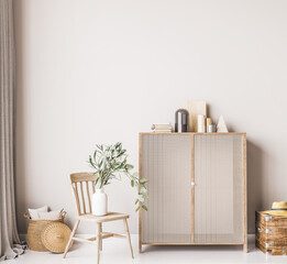 Interior mock up in white simple design with wooden furniture and rattan basket, Scandinavian style, 3d render © lilasgh