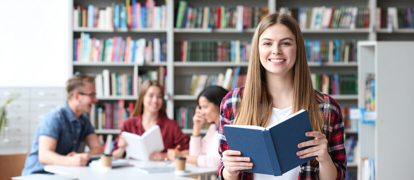 Young student with book in library, space for text. Banner design