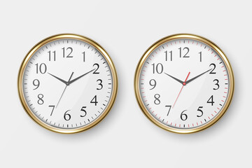 Vector 3d Realistic Simple Round Golden Wall Office Clock with White Dial Icon Set Closeup Isolated on White Background. Design Template, Mock-up for Branding, Advertise. Front or Top View