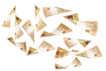 fifty reais banknotes from Brazil falling on isolated white background. Concept of falling money, devaluation of the real or financial crisis.