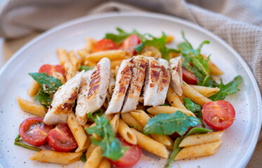 grilled chicken breast with penne pasta salad