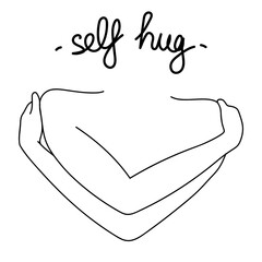 Self Hug Vector Minimalist Line Illustration. Happy Hug Holiday Day 2020. Hugging hands with heart on isolated white background