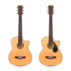 Obraz na płótnie Canvas Vector 3d Realistic Classic Old Retro Acoustic Brown Wooden Guitar Icon Set Closeup Isolated on White Background. Design Templte, Mockup, Clipart. Musical Art Concept