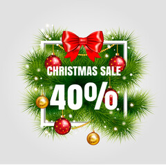 Christmas sale sign vector label 40 sale with red ribbon and green fir tree branches with gold christmas ball. Holiday white square frame. Winter sale. Vector illustration. EPS 10.