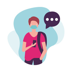 Man with medical mask bag and smartphone vector design
