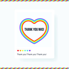 Rainbow social media post - thank you NHS. Support National Health Service and essential workers poster. Rainbow heart post card to say thank you.