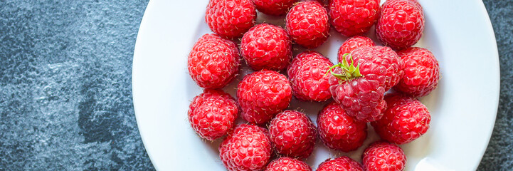 raspberry raw ripe red juicy berries Menu concept serving size. food background top view copy space for text organic healthy eating keto or paleo diet