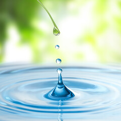 Water drops falling from grass blade into water on sunny day, closeup. Ecology protection