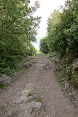 Nice mountain road with a beautiful view. A rock on the side of a dirt path. Stock landscape for design