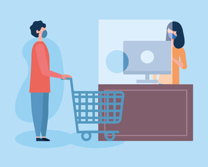 boy with mask shopping cart and saleswoman with computer vector design