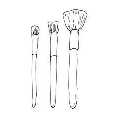 Makeup brushes set. Outline vector hand drawn illustration isolated. Cosmetic accessory. Beauty product. Care cosmetics. Element for fashion and beauty design
